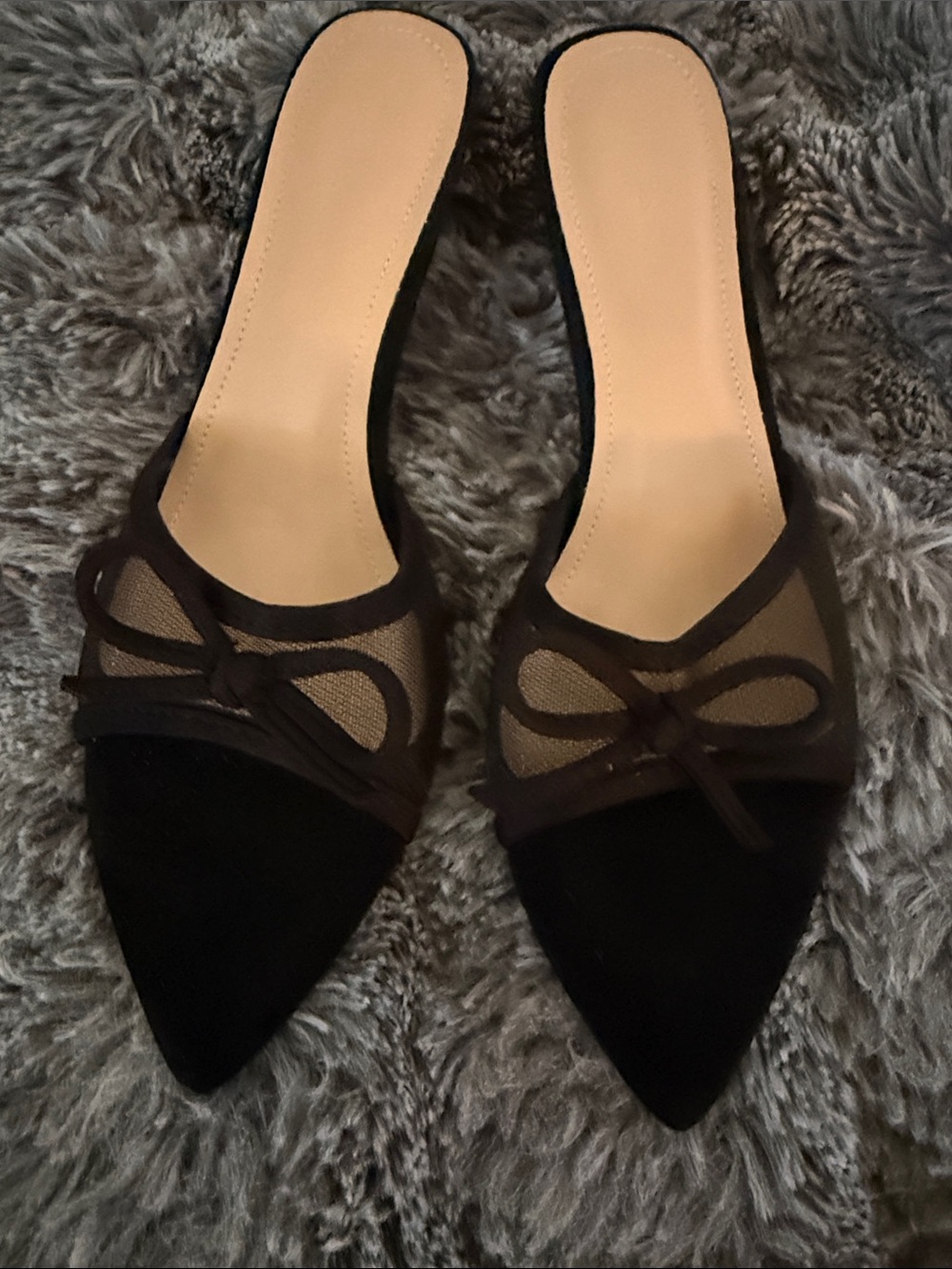 Black Pointed Mesh Bow Mule Slides for Women